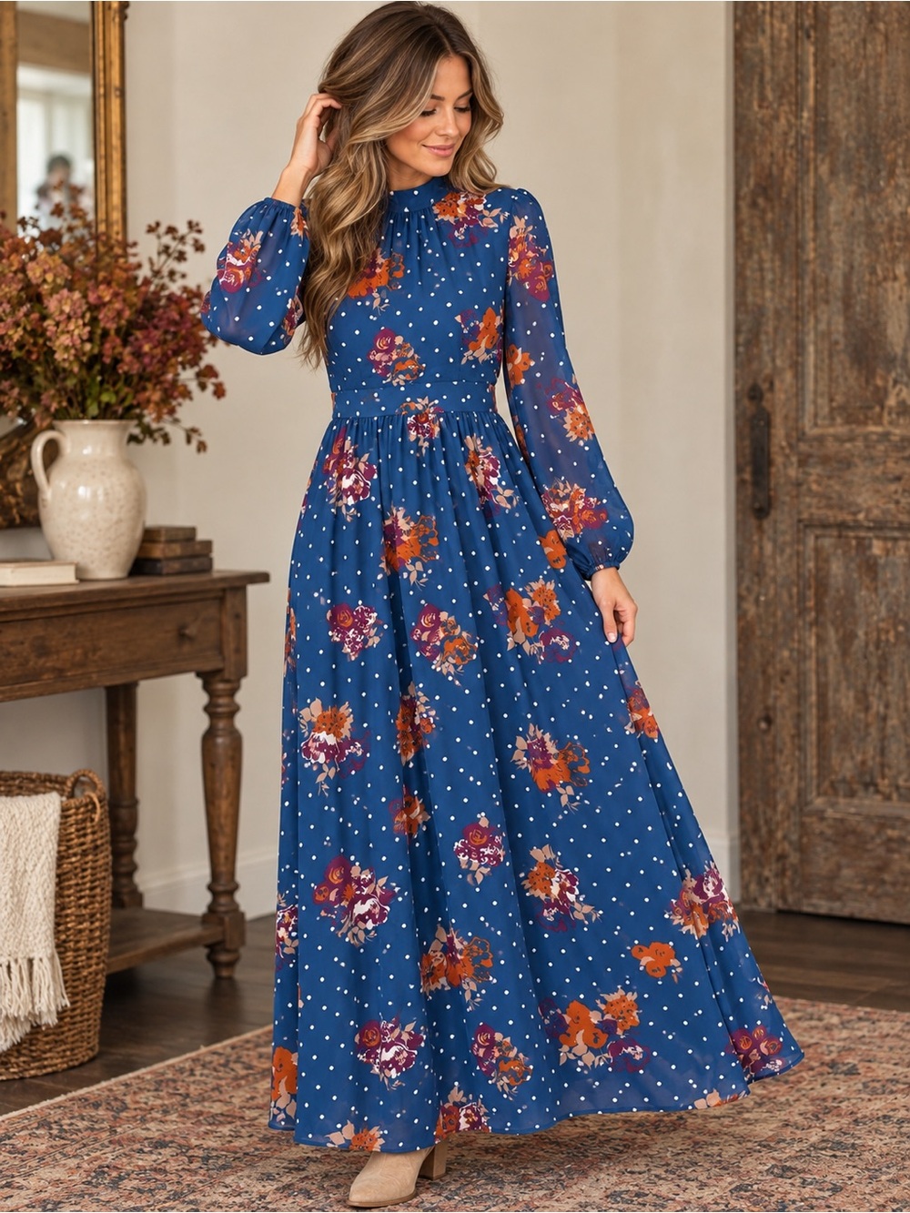 ModCloth Blue Floral Polka Dot Long Sleeve Maxi Dress Size L
